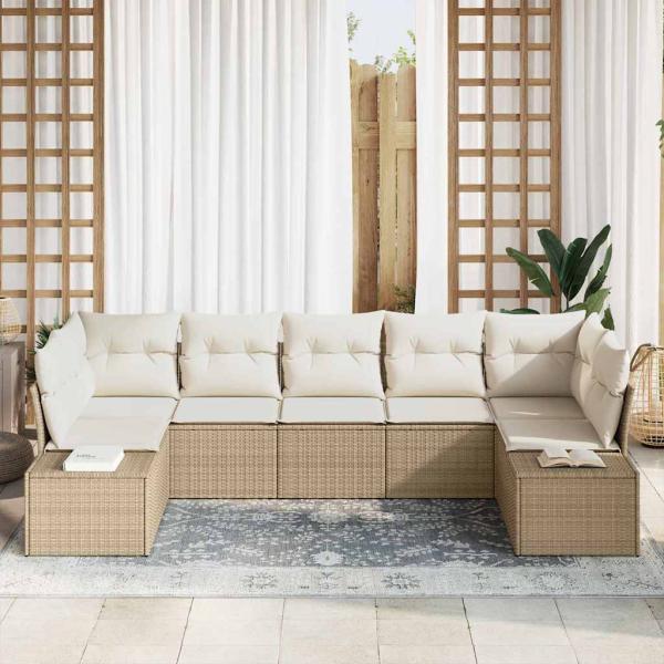 7-teiliges Garten Sofa Set mit Kissen Beige Poly Rattan