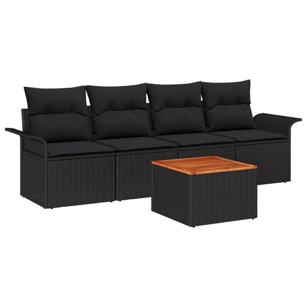 5-teiliges Garten Sofa Set mit Kissen Schwarz Poly Rattan Akazie