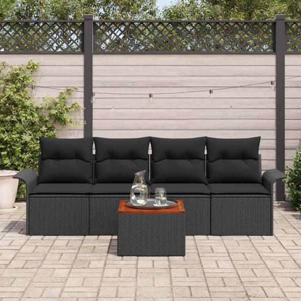 5-teiliges Garten Sofa Set mit Kissen Schwarz Poly Rattan Akazie