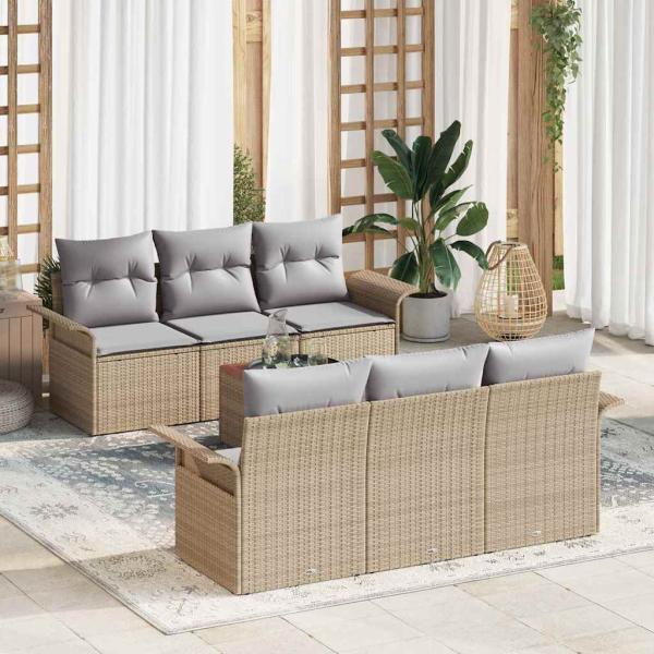 ARDEBO.de - 7-teiliges Garten-Sofa-Set mit Kissen Beige Poly Rattan Acacia