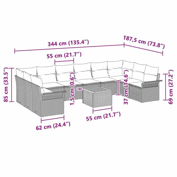 11-teiliges Gartensofa-Set mit Kissen in Schwarz und Creme