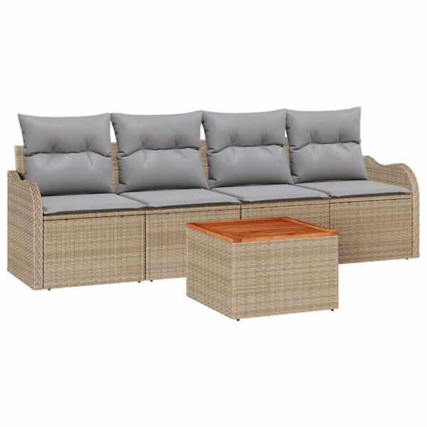 5-teiliges Garten Sofaset mit Kissen Beiges Poly Rattan Akazie, 2-Sitzer Garten Sofa mit Kissen Beiges Poly Rattan