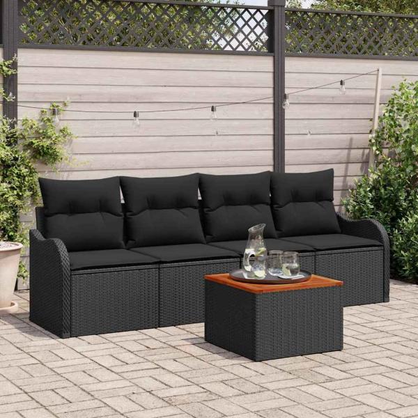 ARDEBO.de - 5-teiliges Garten Sofa Set mit Kissen Schwarz Poly Rattan Akazie, 2-Sitzer Garten Sofa mit Kissen Schwarz Poly Rattan