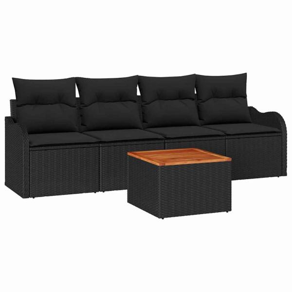 5-teiliges Garten Sofa Set mit Kissen Schwarz Poly Rattan Akazie, 2-Sitzer Garten Sofa mit Kissen Schwarz Poly Rattan
