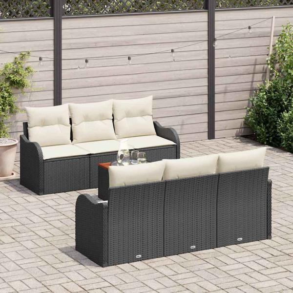 7-teiliges Garten-Sofa-Set mit Kissen Schwarz Poly-Rattan Akazie, 2-Sitzer Garten-Sofa mit Kissen Schwarz Poly-Rattan