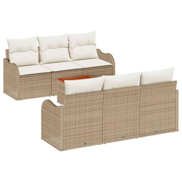 7-teiliges Garten-Sofa-Set mit Kissen Beige Poly Rattan Akazie, 2-Sitzer Garten-Sofa mit Kissen Beige Poly Rattan