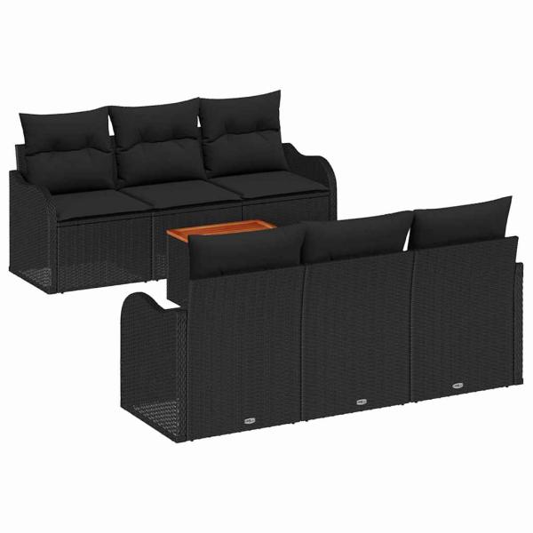 7-teiliges Garten Sofa Set mit Kissen Schwarzes Poly Rattan Akazie, 2-Sitzer Garten Sofa mit Kissen Schwarzes Poly Rattan