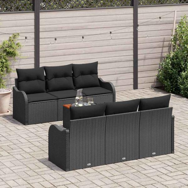 7-teiliges Garten Sofa Set mit Kissen Schwarzes Poly Rattan Akazie, 2-Sitzer Garten Sofa mit Kissen Schwarzes Poly Rattan