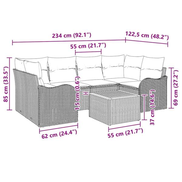 7-teiliges Garten Sofa Set mit Kissen Schwarz Poly Rattan Akazie, 2-Sitzer Garten Sofa mit Kissen Schwarz Poly Rattan