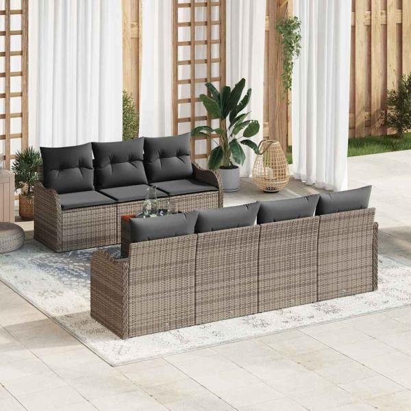 ARDEBO.de - 8-teiliges Garten-Sofa-Set mit Kissen Grau Poly Rattan Akazie, 2-Sitzer Garten-Sofa mit Kissen Grau Poly Rattan
