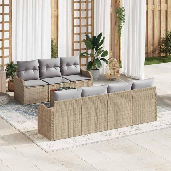 ARDEBO.de - 8-teiliges Garten Sofa Set mit Kissen Beige Poly Rattan Akazie, 2-Sitzer Garten Sofa mit Kissen Beige Poly Rattan