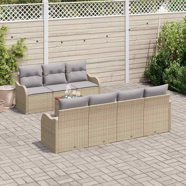 8-teiliges Garten Sofa Set mit Kissen Beige Poly Rattan Akazie, 2-Sitzer Garten Sofa mit Kissen Beige Poly Rattan
