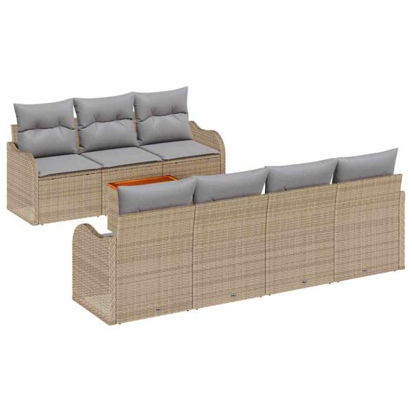 8-teiliges Garten Sofa Set mit Kissen Beige Poly Rattan Akazie, 2-Sitzer Garten Sofa mit Kissen Beige Poly Rattan