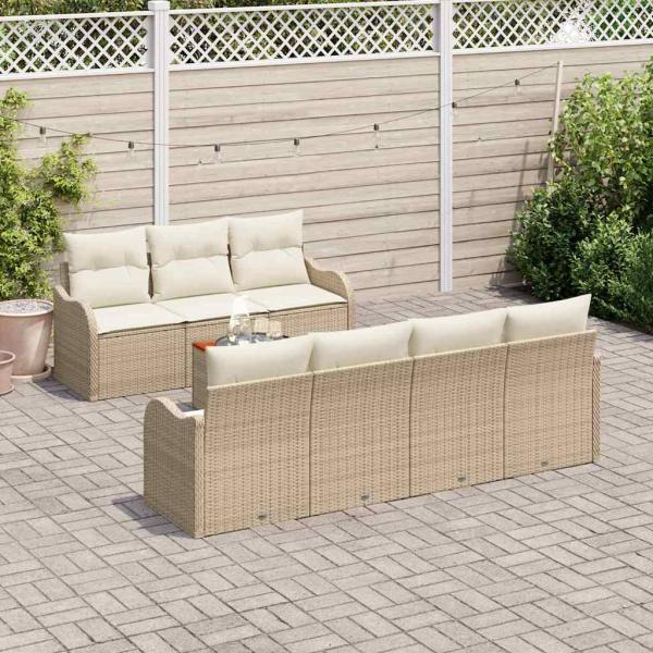 8-teiliges Garten Sofa Set mit Kissen Beige Poly Rattan Akazie, 2-Sitzer Garten Sofa mit Kissen Beige Poly Rattan