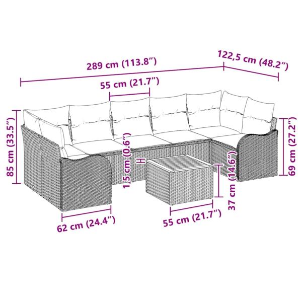 8-teiliges Garten Sofa Set mit Kissen Grau Poly Rattan Akazie, 2-Sitzer Garten Sofa mit Kissen Grau Poly Rattan