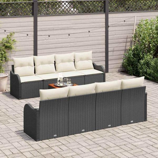 9-teiliges Garten Sofa Set mit Kissen Schwarz Poly Rattan Akazie, 2-Sitzer Garten Sofa mit Kissen Schwarz Poly Rattan