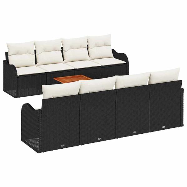 9-teiliges Garten Sofa Set mit Kissen Schwarz Poly Rattan Akazie, 2-Sitzer Garten Sofa mit Kissen Schwarz Poly Rattan