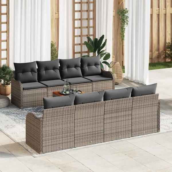 ARDEBO.de - 9-teiliges Garten Sofa Set mit Kissen Grau Poly Rattan Akazie, 2-Sitzer Garten Sofa mit Kissen Grau Poly Rattan