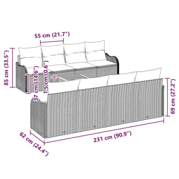 9-teiliges Garten Sofa Set mit Kissen Grau Poly Rattan Akazie, 2-Sitzer Garten Sofa mit Kissen Grau Poly Rattan