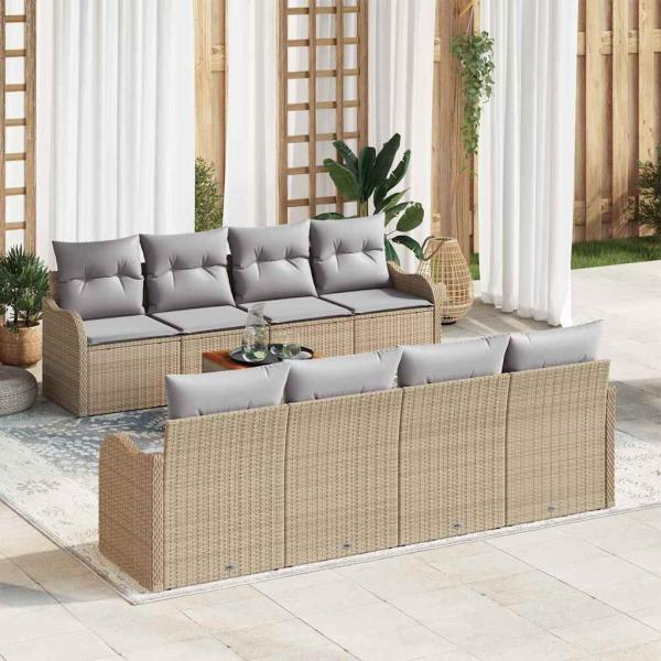 ARDEBO.de - 9-teiliges Garten Sofa Set mit Kissen Beige Poly Rattan Akazie, 2-Sitzer Garten Sofa mit Kissen Beige Poly Rattan