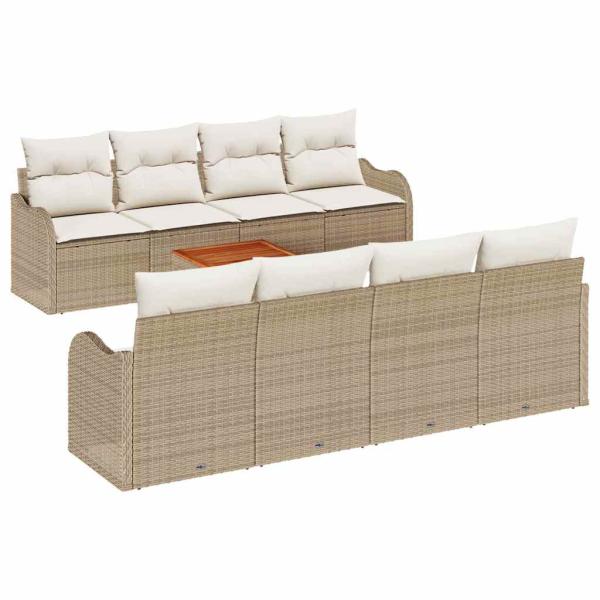 9-teiliges Garten-Sofa-Set mit Kissen Beige Poly Rattan Akazie, 2-Sitzer Garten-Sofa mit Kissen Beige Poly Rattan