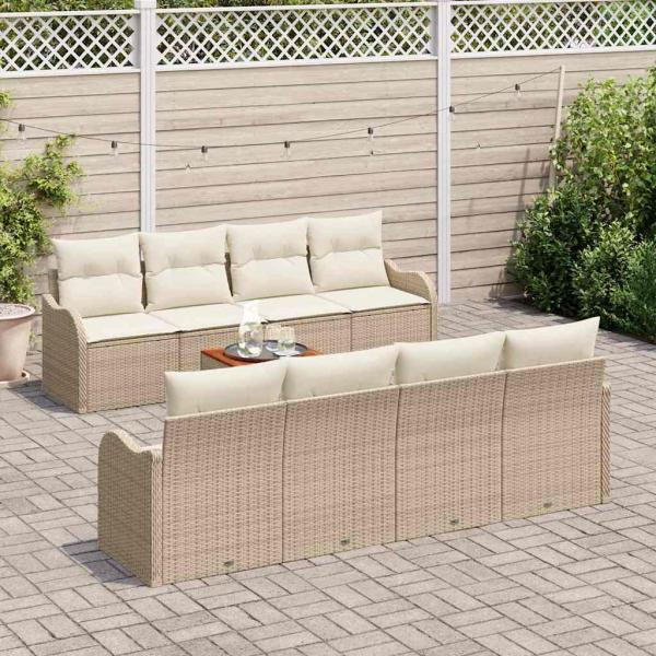 9-teiliges Garten-Sofa-Set mit Kissen Beige Poly Rattan Akazie, 2-Sitzer Garten-Sofa mit Kissen Beige Poly Rattan
