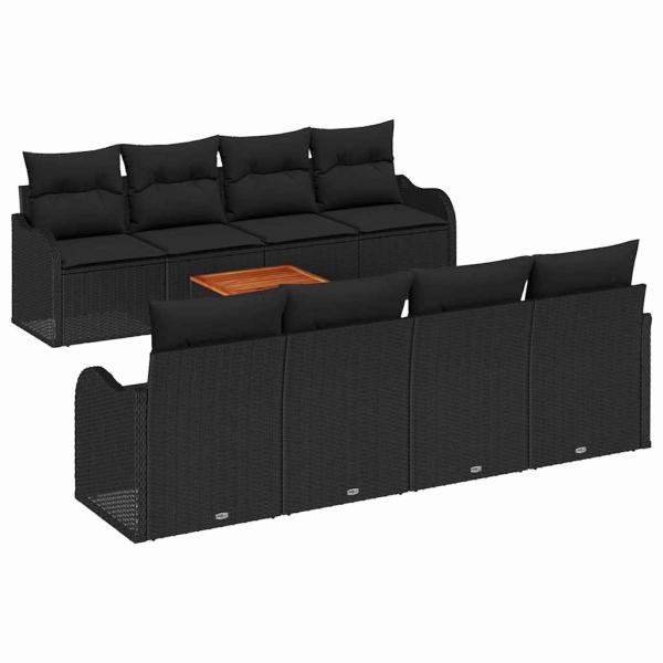 9-teiliges Gartensofa-Set mit Kissen Schwarz Poly-Rattan Akazie, 2-Sitzer Gartensofa mit Kissen Schwarz Poly-Rattan