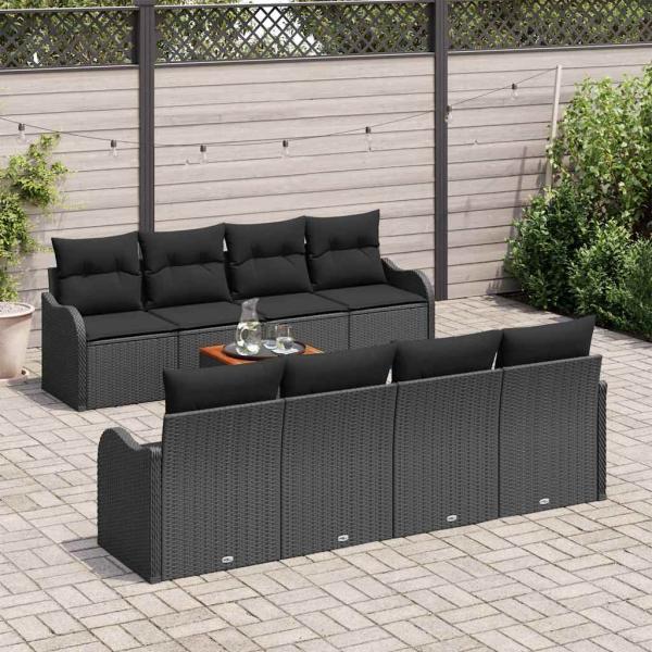 9-teiliges Gartensofa-Set mit Kissen Schwarz Poly-Rattan Akazie, 2-Sitzer Gartensofa mit Kissen Schwarz Poly-Rattan