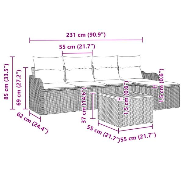 6-teiliges Garten Sofa Set mit Kissen Grau Poly Rattan Akazie, 2-Sitzer Garten Sofa mit Kissen Grau Poly Rattan
