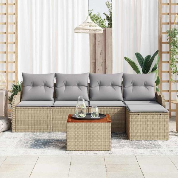 ARDEBO.de - 6-teiliges Garten Sofa Set mit Kissen Beige Poly Rattan Akazie, 2-Sitzer Garten Sofa mit Kissen Beige Poly Rattan