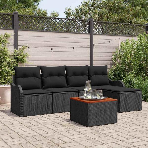6-teiliges Garten-Sofa-Set mit Kissen Schwarz Poly Rattan Akazie, 2-Sitzer Garten-Sofa mit Kissen Schwarz Poly Rattan