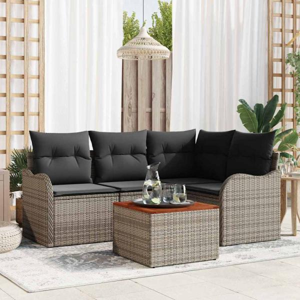 ARDEBO.de - 5-teiliges Garten-Sofa-Set mit Kissen Grau Poly-Rattan Akazie, 2-Sitzer Garten-Sofa mit Kissen Grau Poly-Rattan