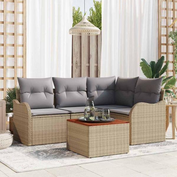 ARDEBO.de - 5-teiliges Garten Sofa Set mit Kissen Beige Poly Rattan Akazie, 2-Sitzer Garten Sofa mit Kissen Beige Poly Rattan
