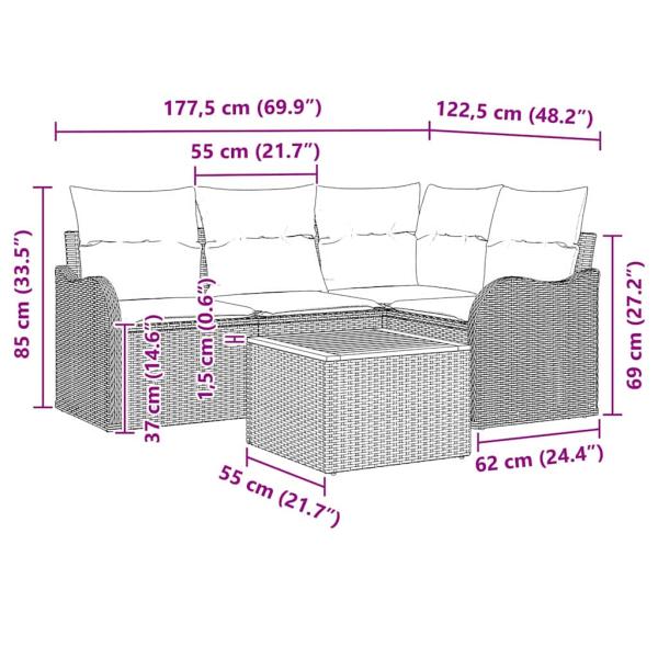 5-teiliges Garten Sofa Set mit Kissen Beige Poly Rattan Akazie, 2-Sitzer Garten Sofa mit Kissen Beige Poly Rattan