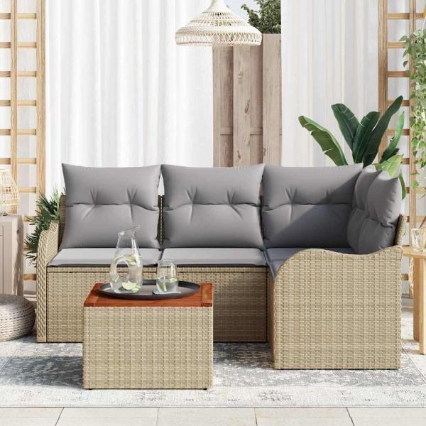 5-teiliges Garten Sofa Set mit Kissen Beige Poly Rattan Akazie, 2-Sitzer Garten Sofa mit Kissen Beige Poly Rattan