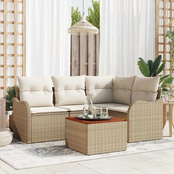ARDEBO.de - 5-teiliges Garten-Sofa-Set mit Kissen Beige Poly Rattan Akazie, 2-Sitzer Garten-Sofa mit Kissen Beige Poly Rattan