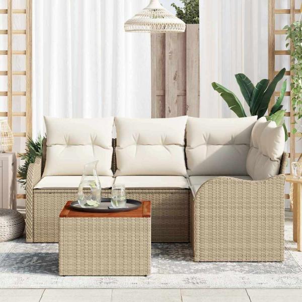 5-teiliges Garten-Sofa-Set mit Kissen Beige Poly Rattan Akazie, 2-Sitzer Garten-Sofa mit Kissen Beige Poly Rattan