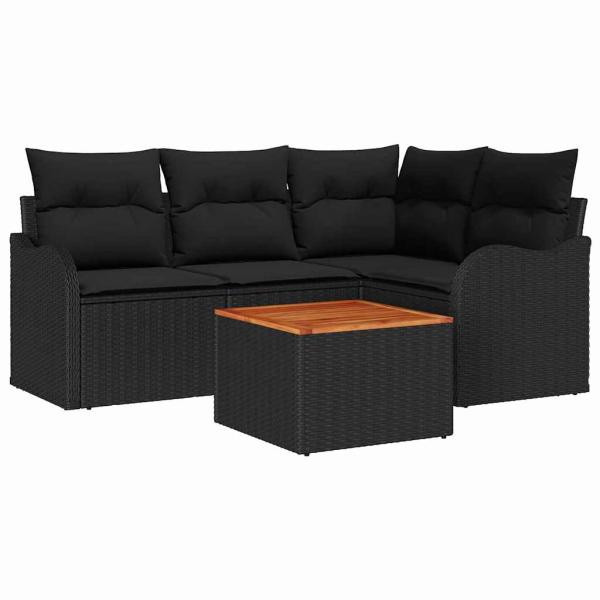 5-teilige Garten Sofa Set mit Kissen schwarzes Poly-Rattan Akazie, 2-Sitzer Garten Sofa mit Kissen schwarzes Poly-Rattan