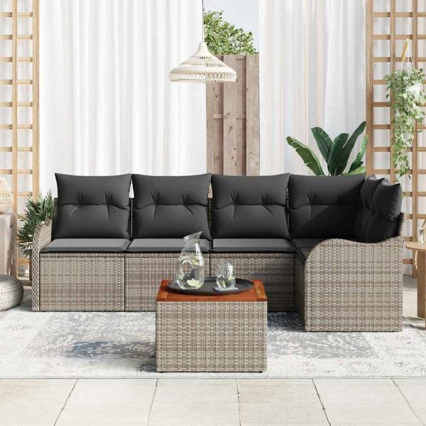 6-teiliges Garten Sofa Set mit Kissen Grau Poly Rattan Akazie, 2-Sitzer Garten Sofa mit Kissen Grau Poly Rattan