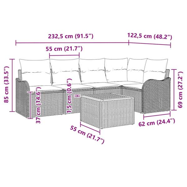 6-teiliges Garten Sofa Set mit Kissen Grau Poly Rattan Akazie, 2-Sitzer Garten Sofa mit Kissen Grau Poly Rattan