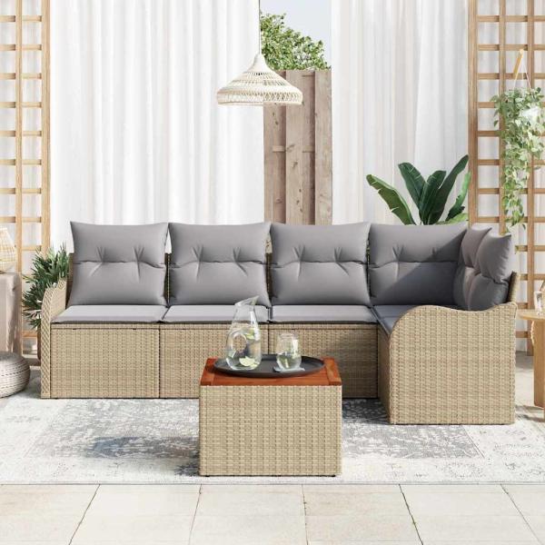 6-teiliges Garten Sofaset mit Kissen Beige Poly Rattan Akazie, 2-Sitzer Garten Sofa mit Kissen Beige Poly Rattan