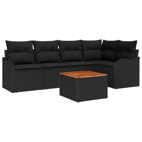 6-teiliges Garten-Sofa-Set mit Kissen Schwarz Poly-Rattan Akazie, 2-Sitzer Garten-Sofa mit Kissen Schwarz Poly-Rattan