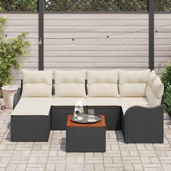 7-teiliges Garten Sofa Set mit Kissen Schwarz Poly Rattan Akazie, 2-Sitzer Garten Sofa mit Kissen Schwarz Poly Rattan