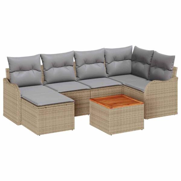 7-teilige Garten Sofa Set mit Kissen Beige Poly Rattan Akazie, 2-Sitzer Garten Sofa mit Kissen Beige Poly Rattan