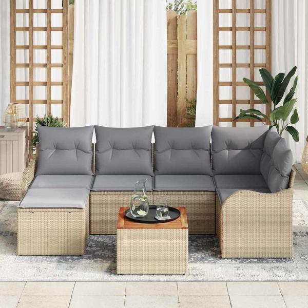 7-teilige Garten Sofa Set mit Kissen Beige Poly Rattan Akazie, 2-Sitzer Garten Sofa mit Kissen Beige Poly Rattan