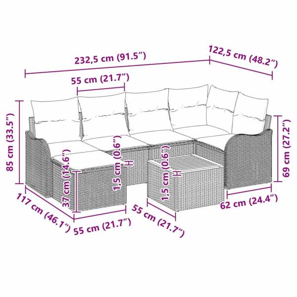 7-teilige Garten Sofa Set mit Kissen Beige Poly Rattan Akazie, 2-Sitzer Garten Sofa mit Kissen Beige Poly Rattan