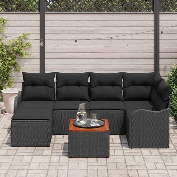 7-teilige Garten Sofa Set mit Kissen Schwarz Poly Rattan Akazie, 2-Sitzer Garten Sofa mit Kissen Schwarz Poly Rattan