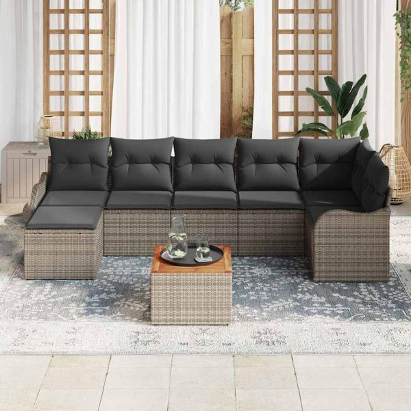 8-teiliges Garten-Sofa-Set mit Kissen Grau Poly Rattan Akazie, 2-Sitzer Garten-Sofa mit Kissen Grau Poly Rattan