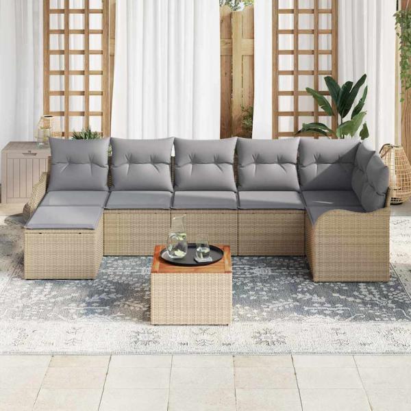 8-teiliges Garten-Sofa-Set mit Kissen Beige Poly Rattan Akazie, 2-Sitzer Garten-Sofa mit Kissen Beige Poly Rattan