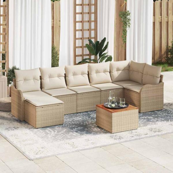 ARDEBO.de - 8-teiliges Garten Sofa Set mit Kissen Beige Poly Rattan Akazie, 2-Sitzer Garten Sofa mit Kissen Beige Poly Rattan